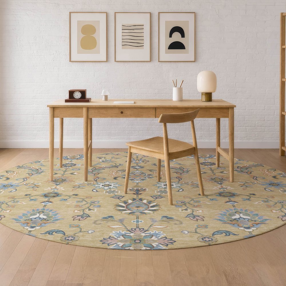 8' Wheat And Taupe Round Abstract Washable Indoor Outdoor Area Rug HomeRoots
