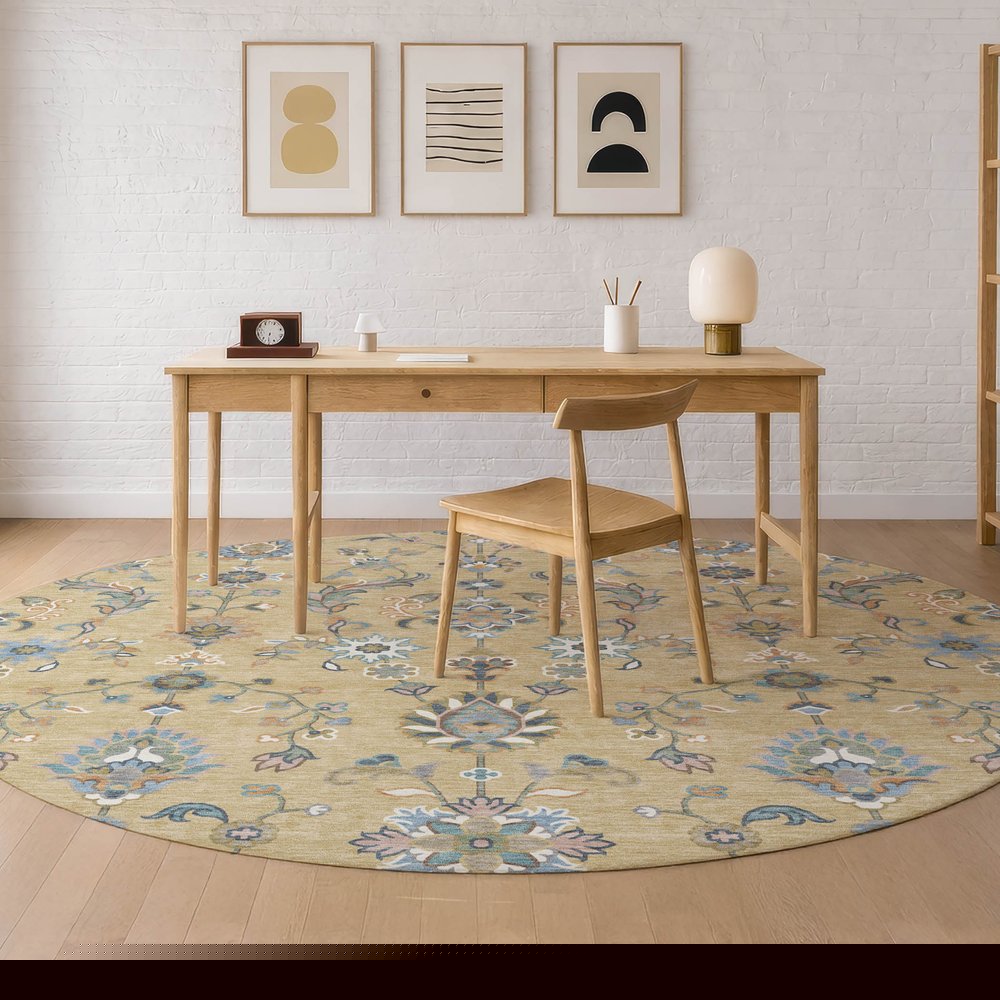 8' Wheat And Taupe Round Abstract Washable Indoor Outdoor Area Rug — view 6