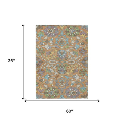 3' X 5' Copper And Blue Floral Washable Indoor Outdoor Area Rug HomeRoots