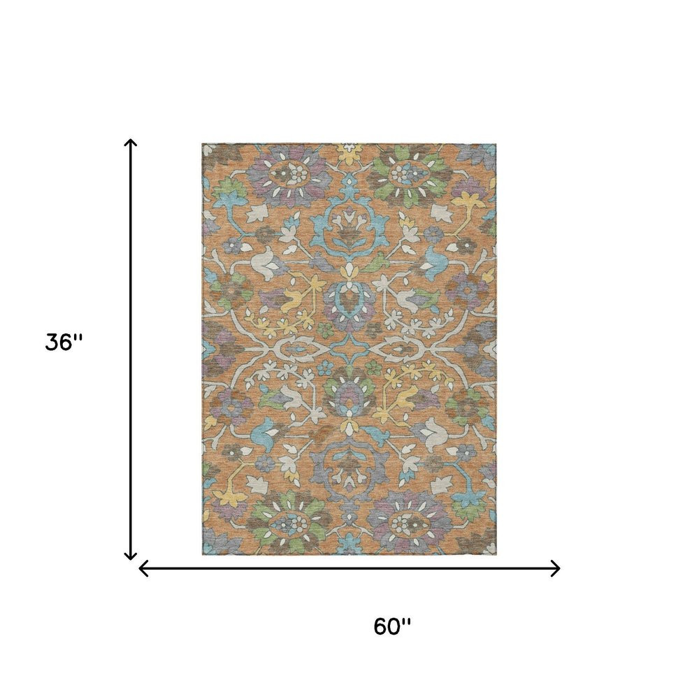 3' X 5' Copper And Blue Floral Washable Indoor Outdoor Area Rug HomeRoots