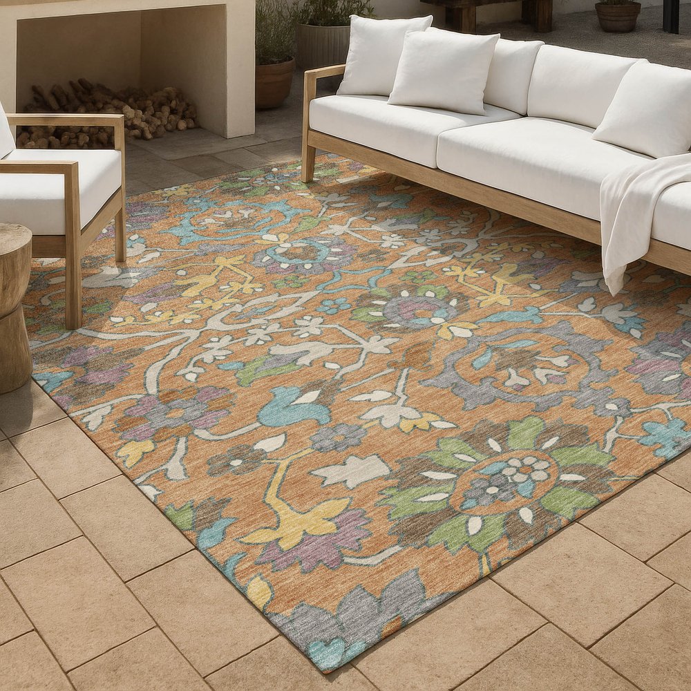 3' X 5' Copper And Blue Floral Washable Indoor Outdoor Area Rug — view 14