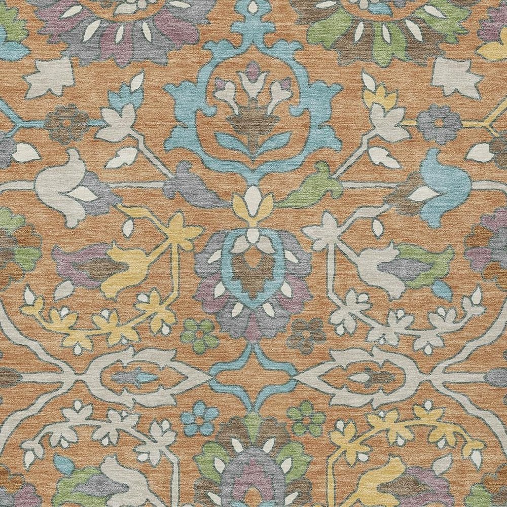 3' X 5' Copper And Blue Floral Washable Indoor Outdoor Area Rug — view 3