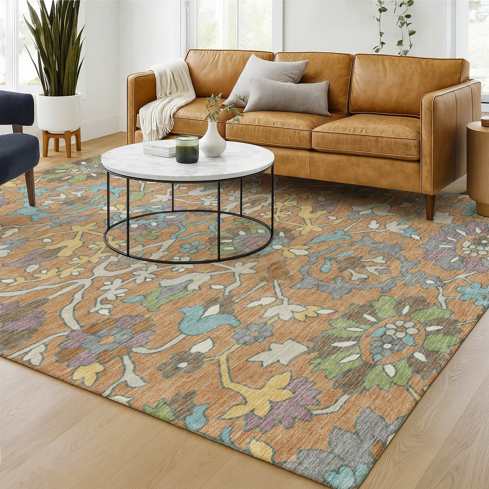 3' X 5' Copper And Blue Floral Washable Indoor Outdoor Area Rug — view 15