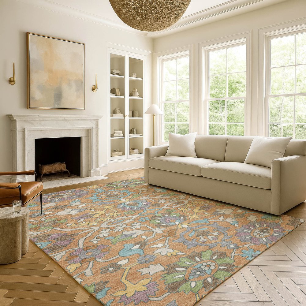 3' X 5' Copper And Blue Floral Washable Indoor Outdoor Area Rug — view 16