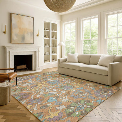 3' X 5' Copper And Blue Floral Washable Indoor Outdoor Area Rug HomeRoots