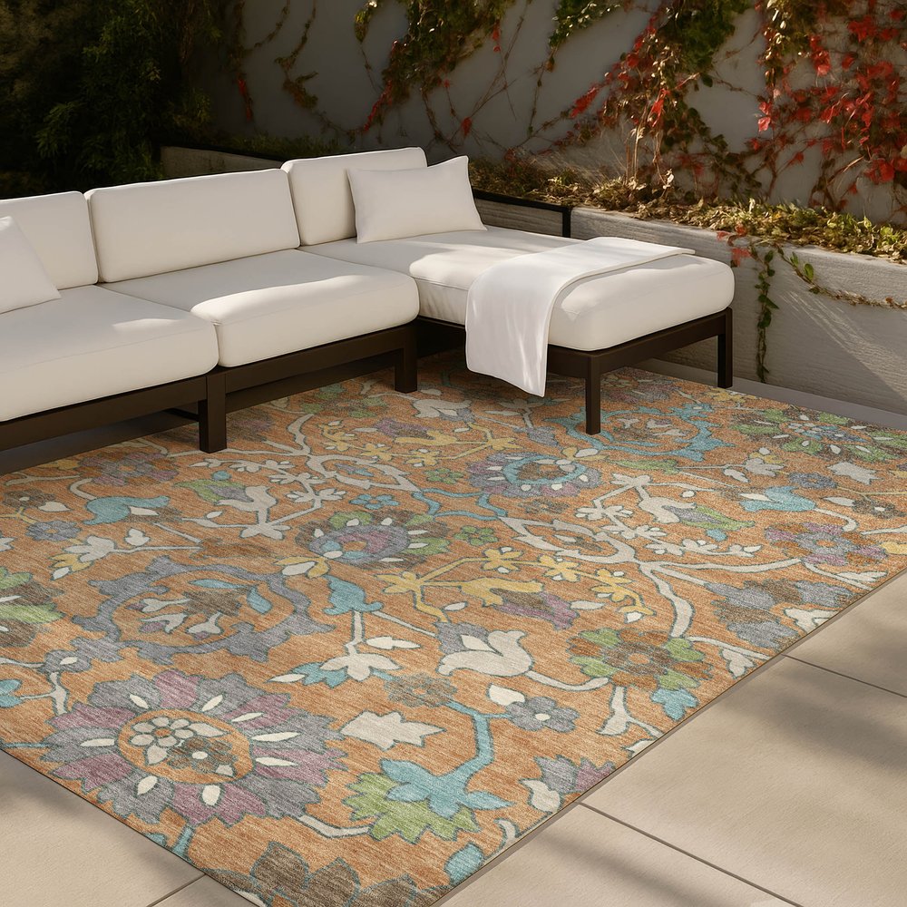 3' X 5' Copper And Blue Floral Washable Indoor Outdoor Area Rug — view 8