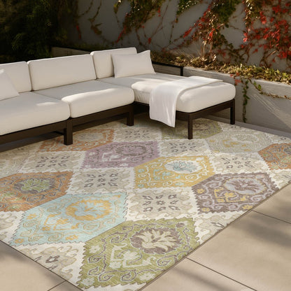 8' X 10' Ivory And Sky Blue Geometric Washable Indoor Outdoor Area Rug HomeRoots