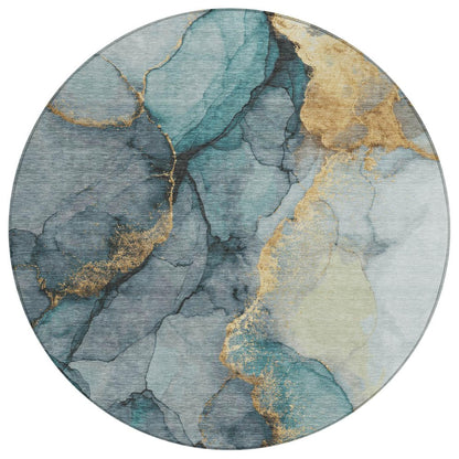 8' Teal Blue And Aqua Round Abstract Washable Indoor Outdoor Area Rug HomeRoots