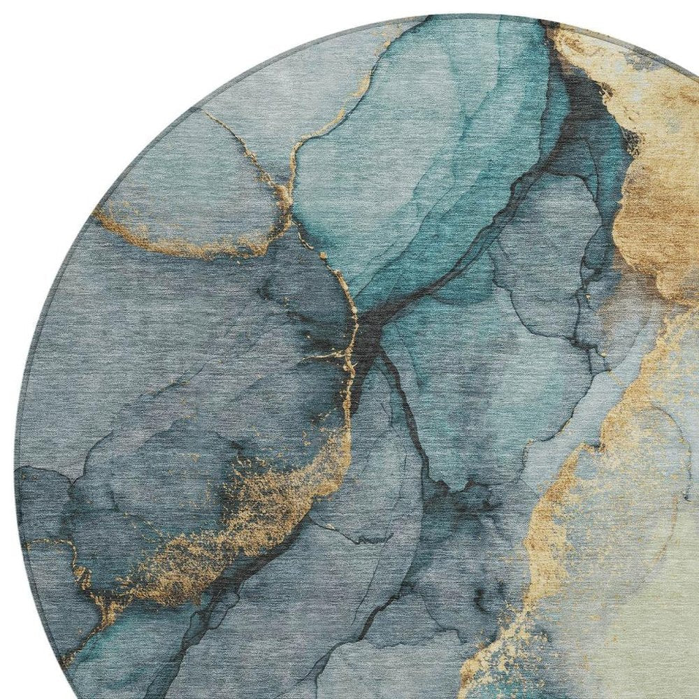 8' Teal Blue And Aqua Round Abstract Washable Indoor Outdoor Area Rug HomeRoots