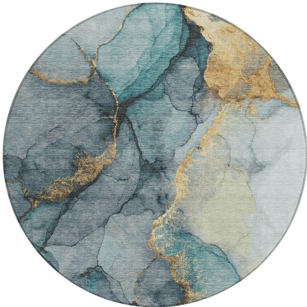 8' Teal Blue And Aqua Round Abstract Washable Indoor Outdoor Area Rug HomeRoots