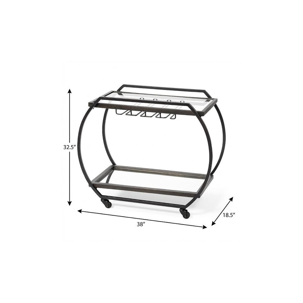 19" Black and Gunmetal Glass and Metal Rolling Kitchen Cart With Storage HomeRoots