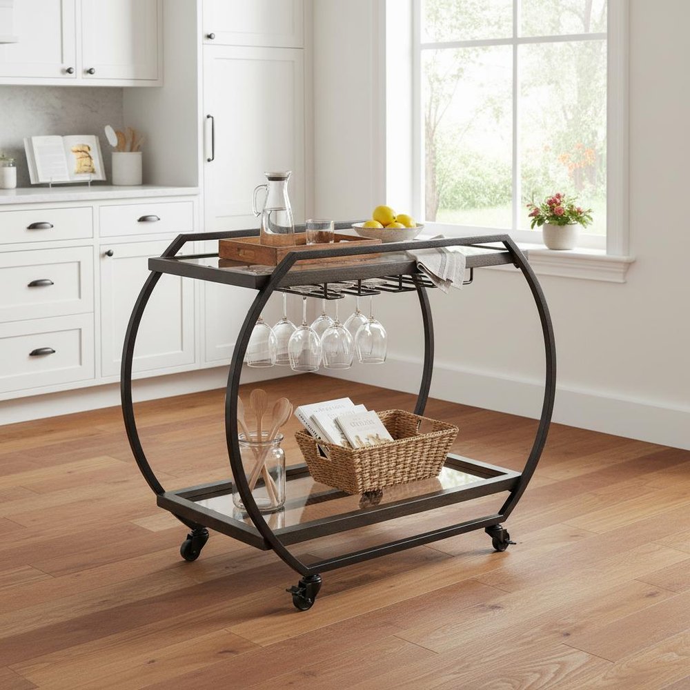 19" Black and Gunmetal Glass and Metal Rolling Kitchen Cart With Storage HomeRoots