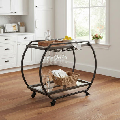 19" Black and Gunmetal Glass and Metal Rolling Kitchen Cart With Storage HomeRoots