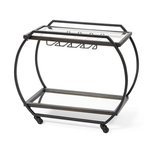 19" Black and Gunmetal Glass and Metal Rolling Kitchen Cart With Storage