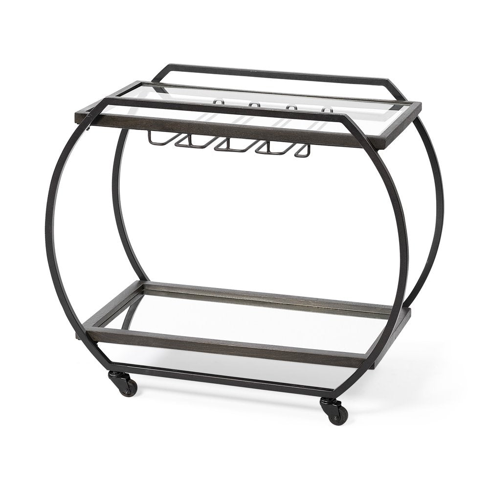 19" Black and Gunmetal Glass and Metal Rolling Kitchen Cart With Storage HomeRoots