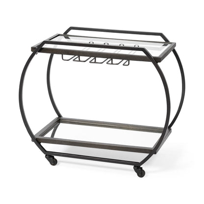 19" Black and Gunmetal Glass and Metal Rolling Kitchen Cart With Storage HomeRoots