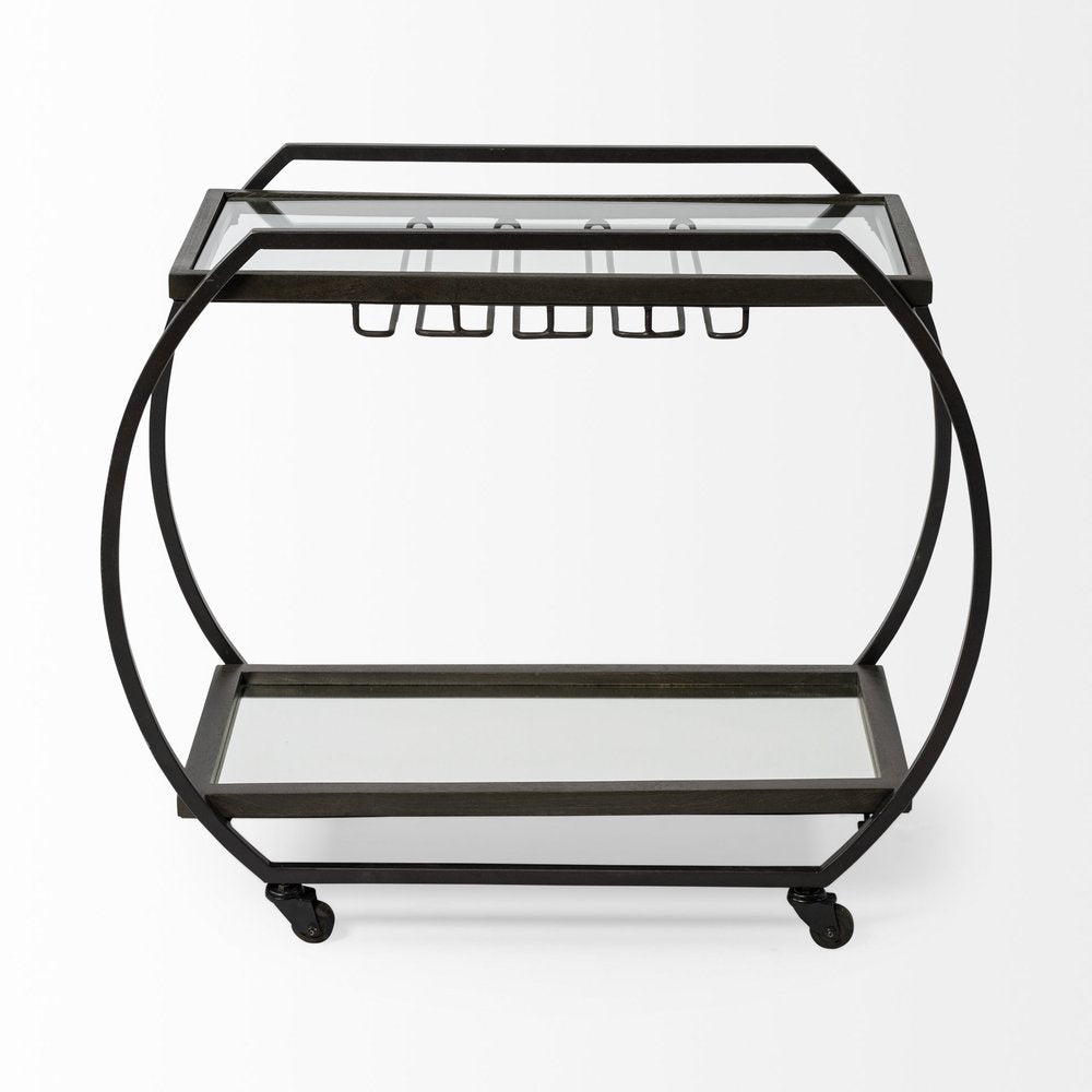 19" Black and Gunmetal Glass and Metal Rolling Kitchen Cart With Storage HomeRoots