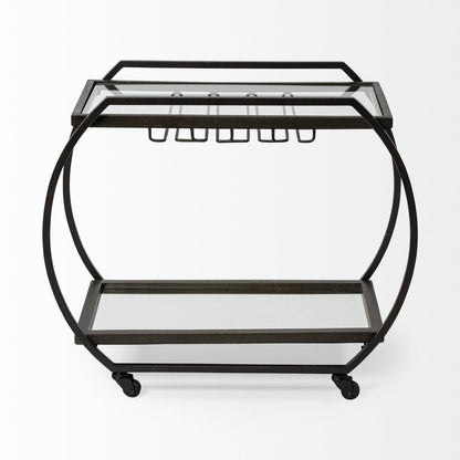 19" Black and Gunmetal Glass and Metal Rolling Kitchen Cart With Storage HomeRoots