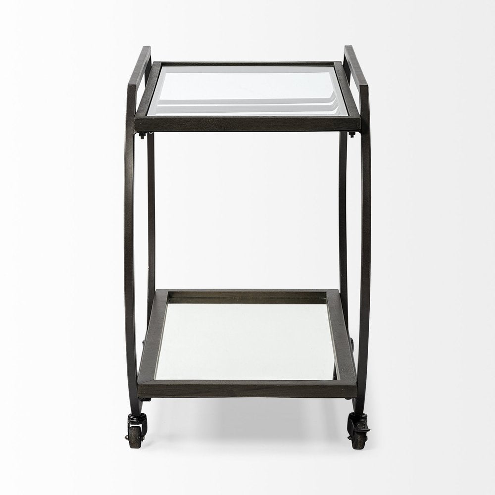 19" Black and Gunmetal Glass and Metal Rolling Kitchen Cart With Storage HomeRoots