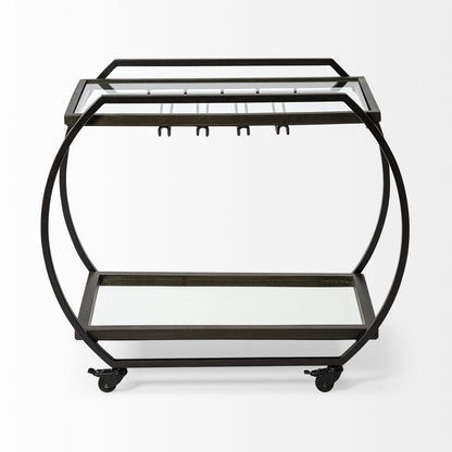 19" Black and Gunmetal Glass and Metal Rolling Kitchen Cart With Storage HomeRoots