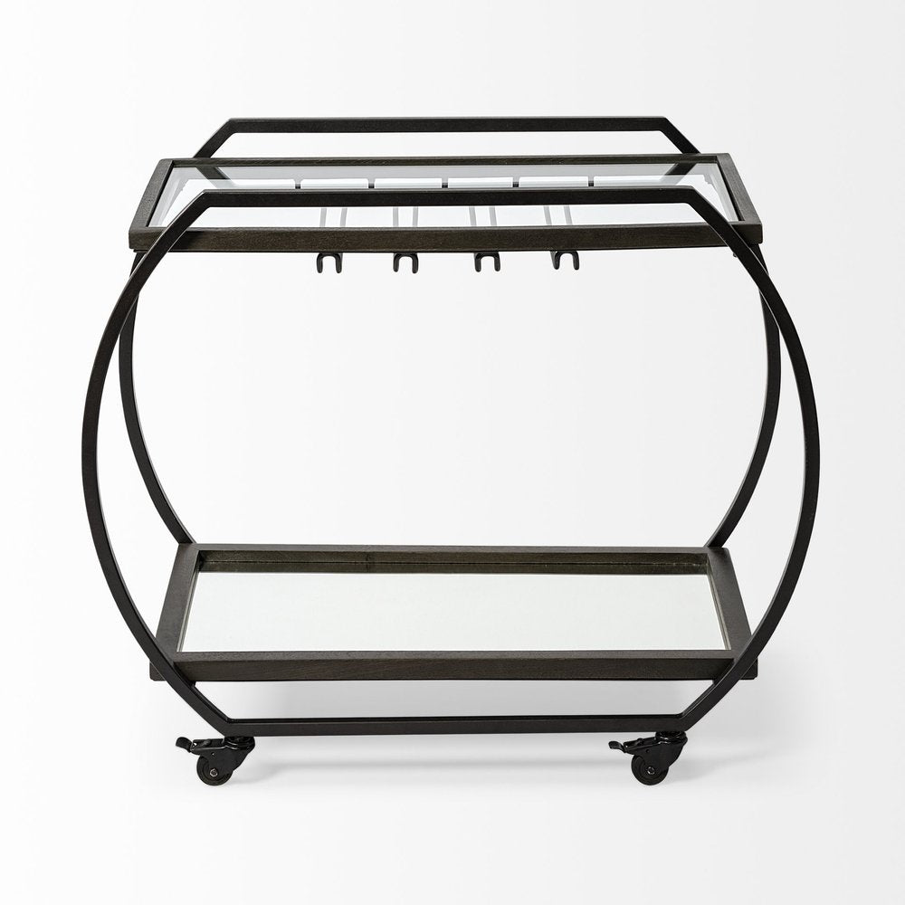 19" Black and Gunmetal Glass and Metal Rolling Kitchen Cart With Storage — view 4