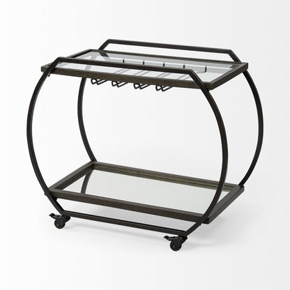 19" Black and Gunmetal Glass and Metal Rolling Kitchen Cart With Storage HomeRoots