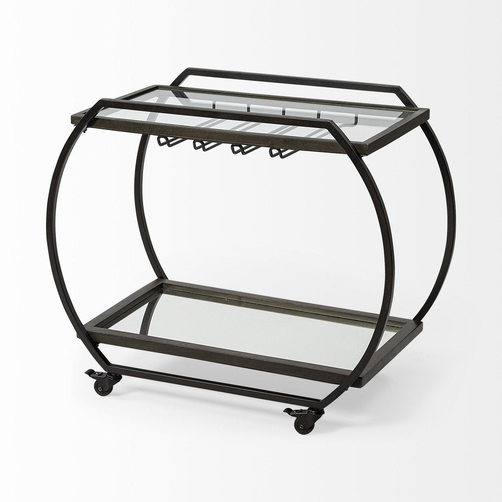 19" Black and Gunmetal Glass and Metal Rolling Kitchen Cart With Storage — view 5