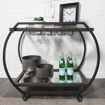 19" Black and Gunmetal Glass and Metal Rolling Kitchen Cart With Storage HomeRoots