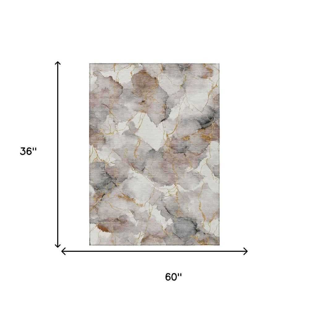 3' X 5' Khaki And Ivory Abstract Washable Indoor Outdoor Area Rug HomeRoots