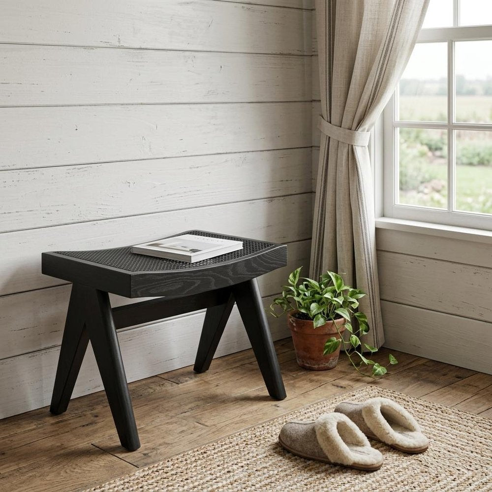22" Black Solid Wood Distressed and Cane Bedroom Stool HomeRoots