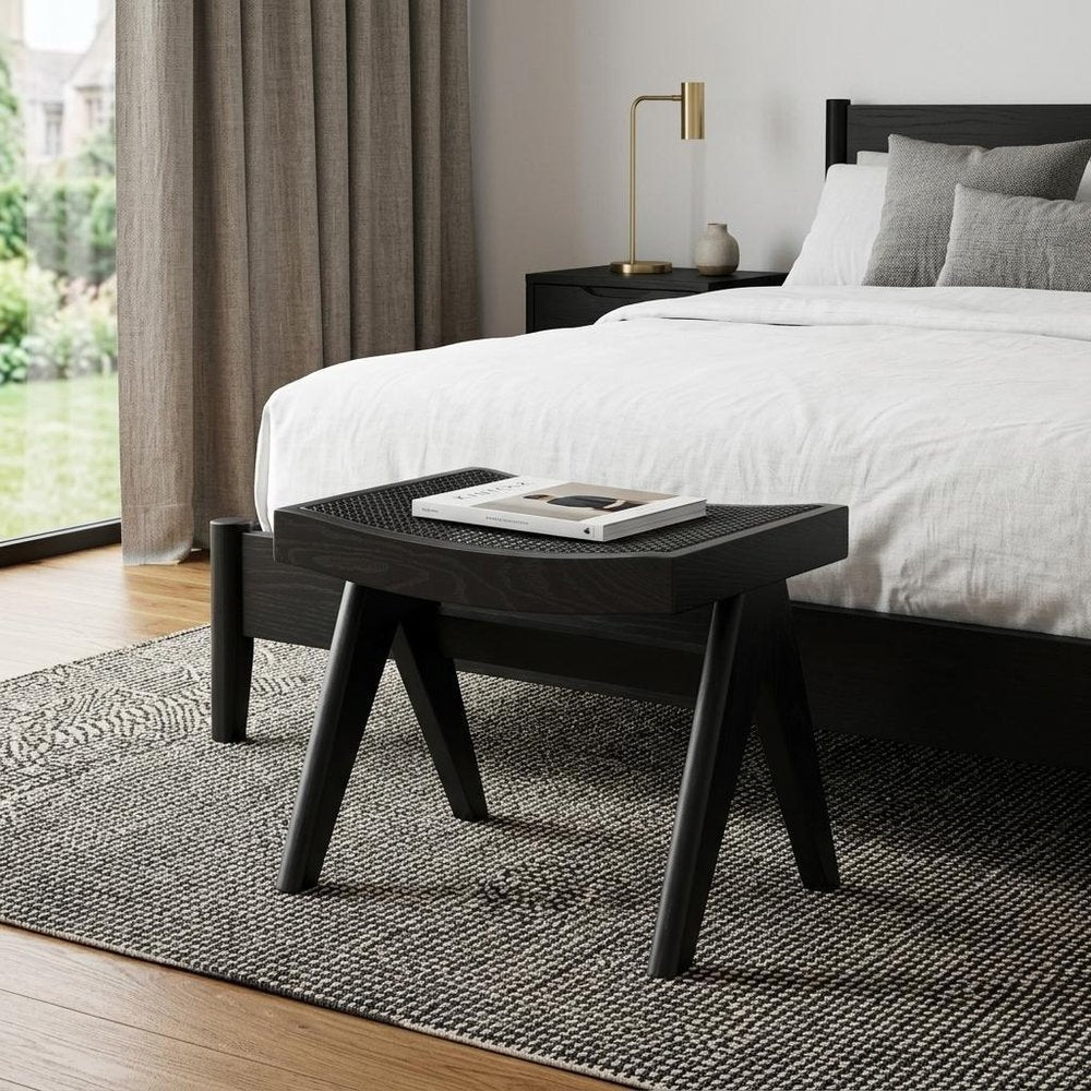 22" Black Solid Wood Distressed and Cane Bedroom Stool — view 10
