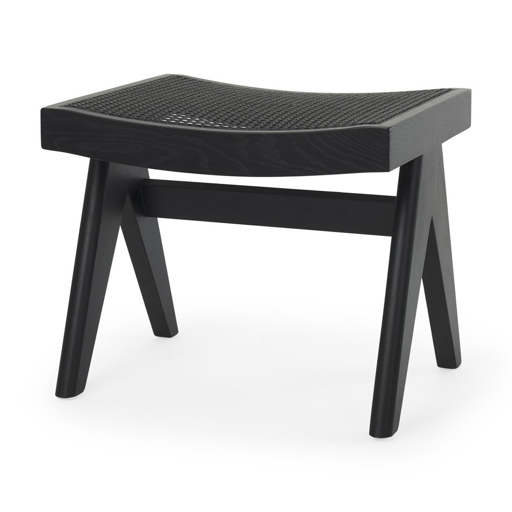 22" Black Solid Wood Distressed and Cane Bedroom Stool HomeRoots