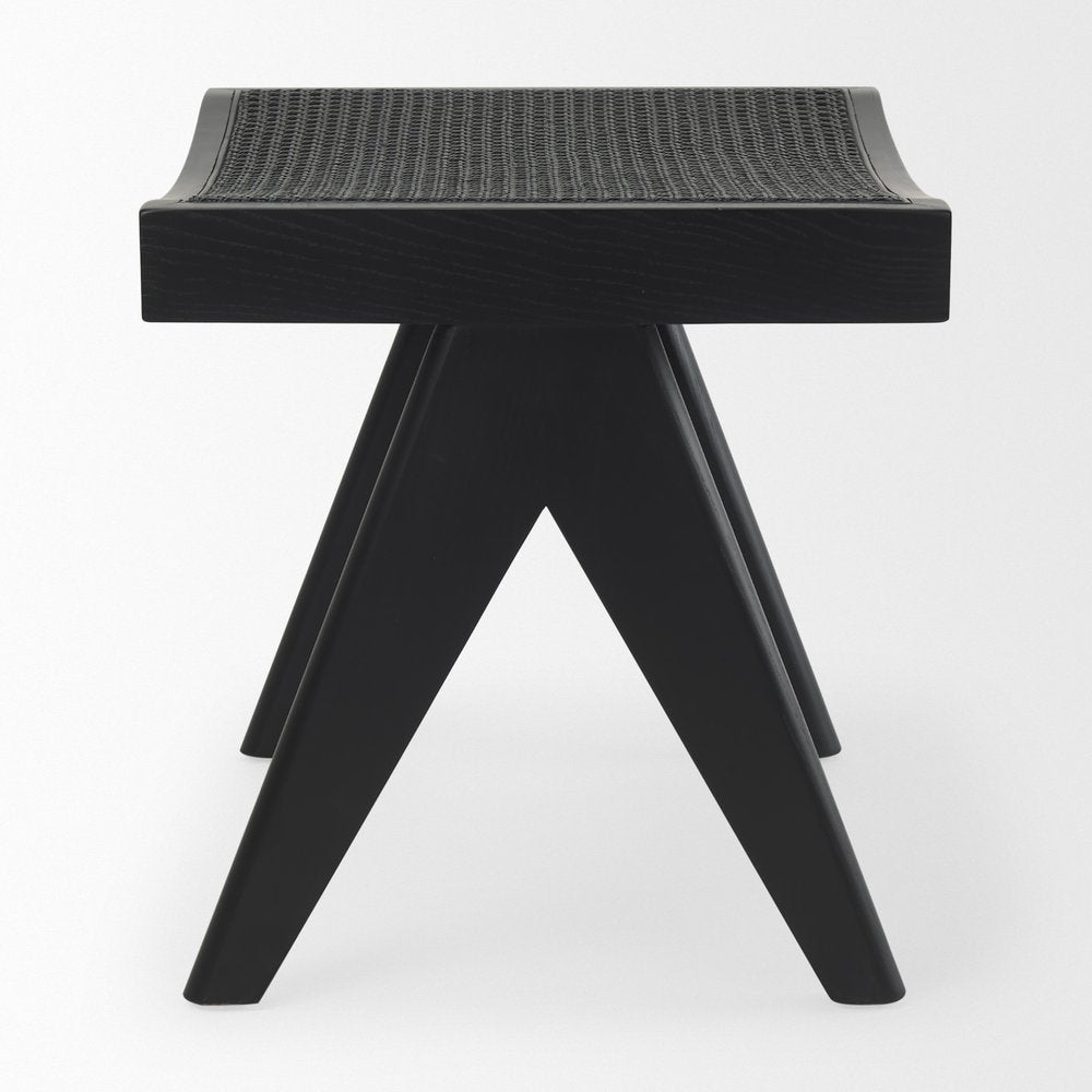 22" Black Solid Wood Distressed and Cane Bedroom Stool — view 3