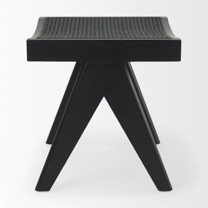 22" Black Solid Wood Distressed and Cane Bedroom Stool HomeRoots
