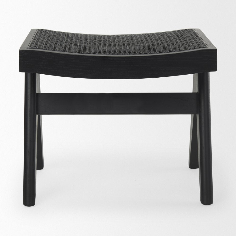 22" Black Solid Wood Distressed and Cane Bedroom Stool HomeRoots