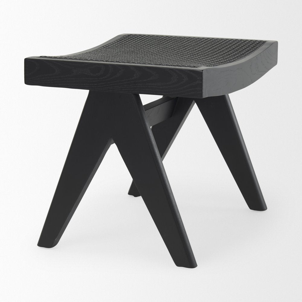 22" Black Solid Wood Distressed and Cane Bedroom Stool HomeRoots