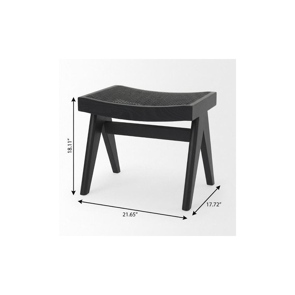 22" Black Solid Wood Distressed and Cane Bedroom Stool — view 8