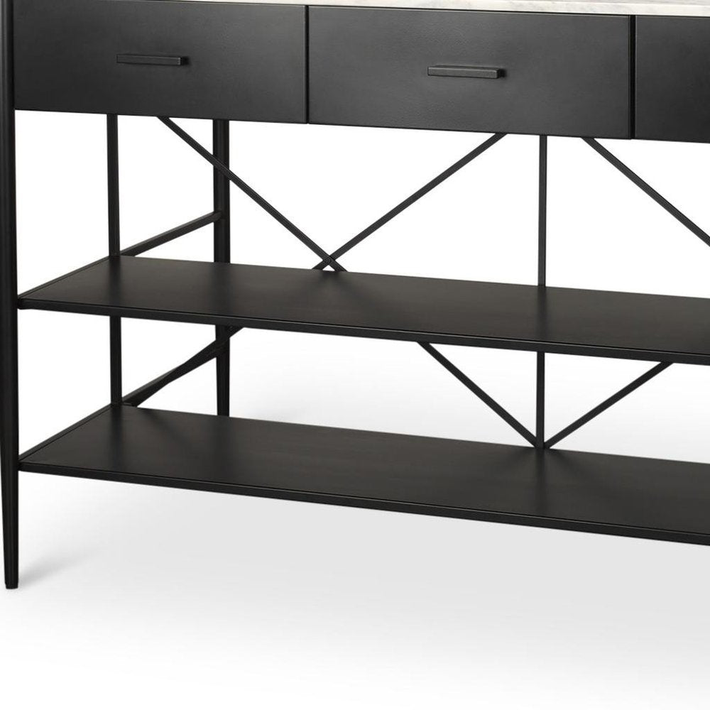 34" White and Black Marble and Metal Kitchen Island With Storage HomeRoots