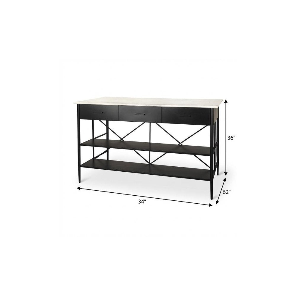 34" White and Black Marble and Metal Kitchen Island With Storage — view 11
