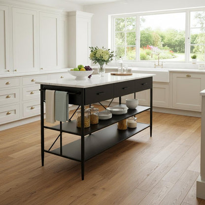34" White and Black Marble and Metal Kitchen Island With Storage HomeRoots