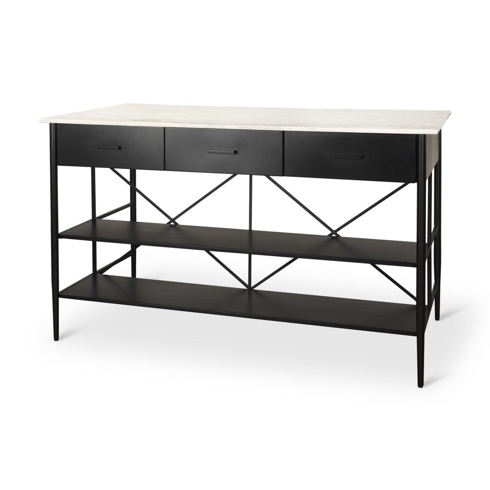 34" White and Black Marble and Metal Kitchen Island With Storage — view 1