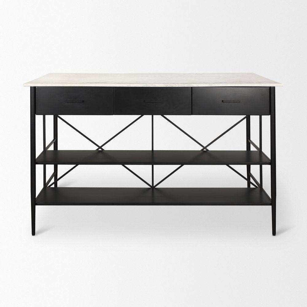 34" White and Black Marble and Metal Kitchen Island With Storage HomeRoots
