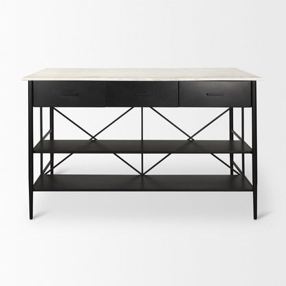 34" White and Black Marble and Metal Kitchen Island With Storage HomeRoots