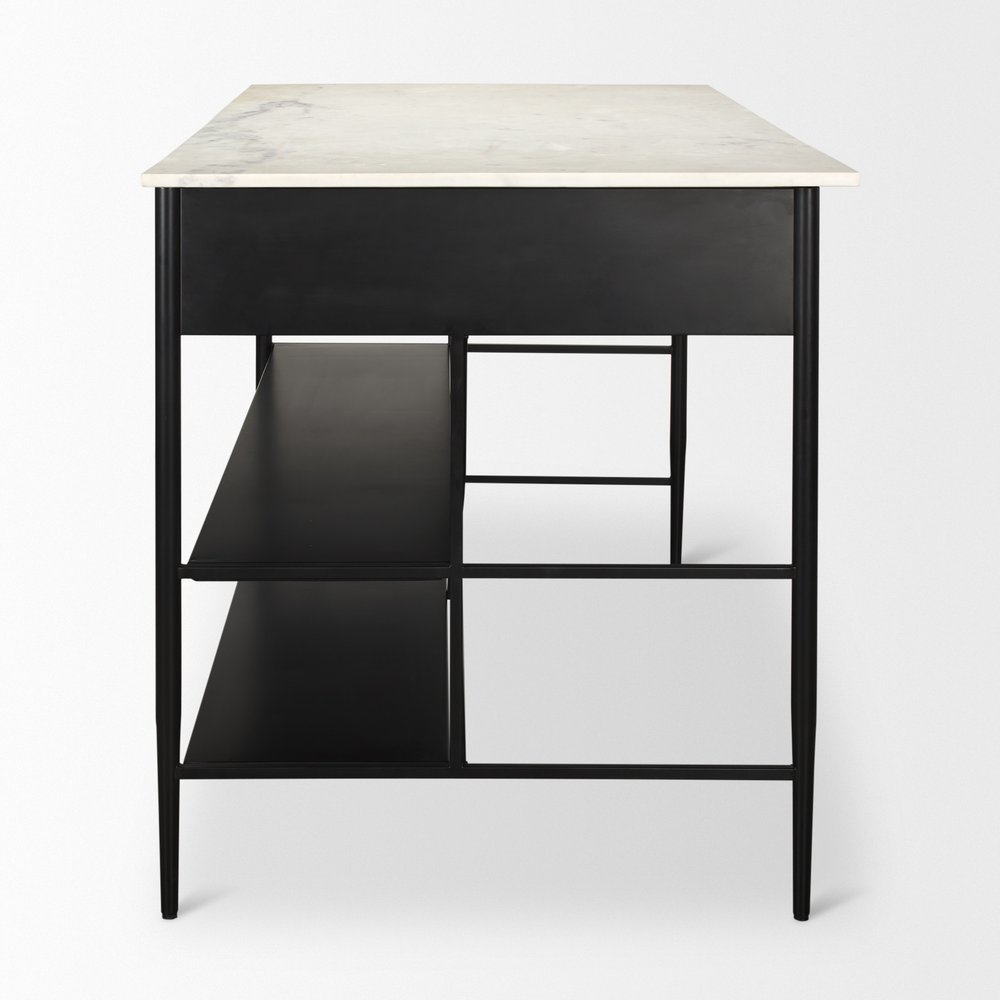 34" White and Black Marble and Metal Kitchen Island With Storage — view 3
