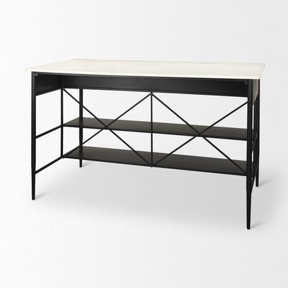 34" White and Black Marble and Metal Kitchen Island With Storage HomeRoots