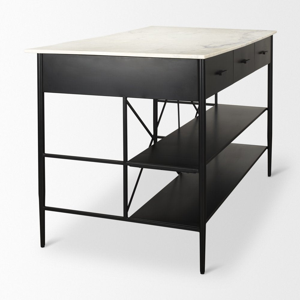 34" White and Black Marble and Metal Kitchen Island With Storage HomeRoots