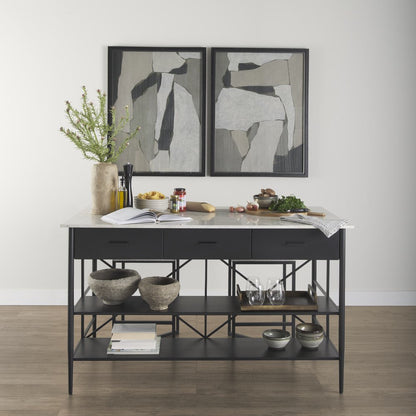 34" White and Black Marble and Metal Kitchen Island With Storage HomeRoots