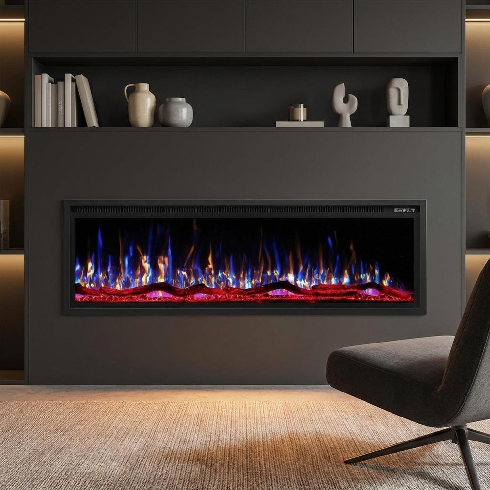60" Black And Red Metal Electric Fireplace Insert With LED — view 1