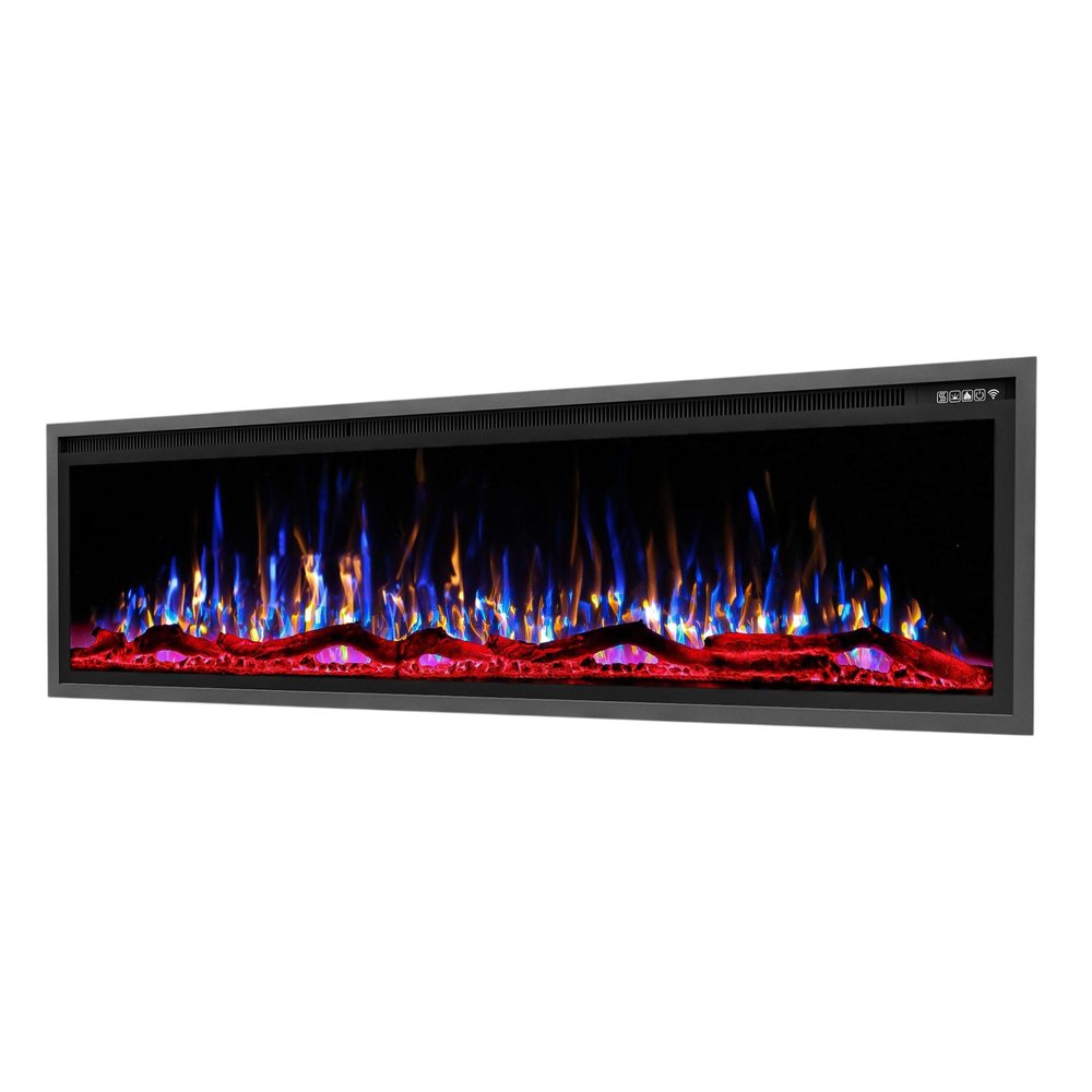 72" Black And Red Metal Free Standing Electric Fireplace With LED — view 1