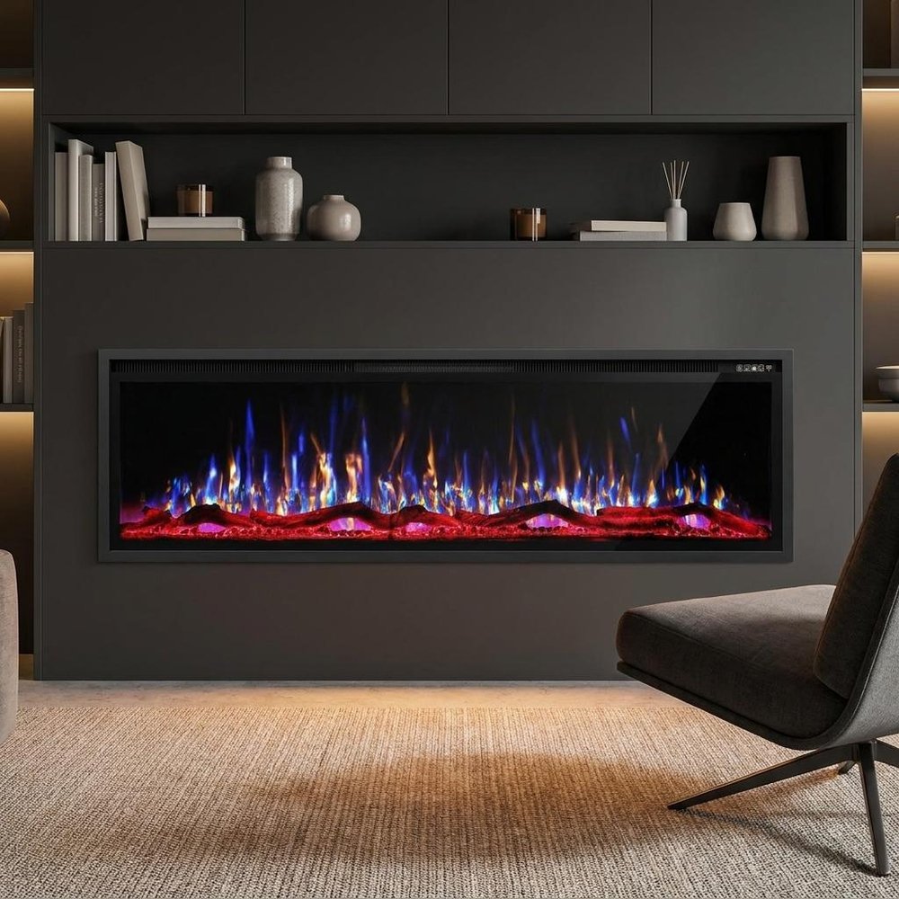 72" Black And Red Metal Free Standing Electric Fireplace With LED — view 1